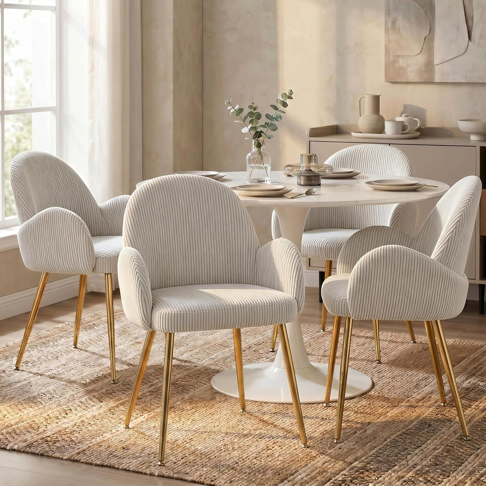 Modern Upholstered Dining Chair Set of 4, Corduroy Accent Chairs with Gold Me...