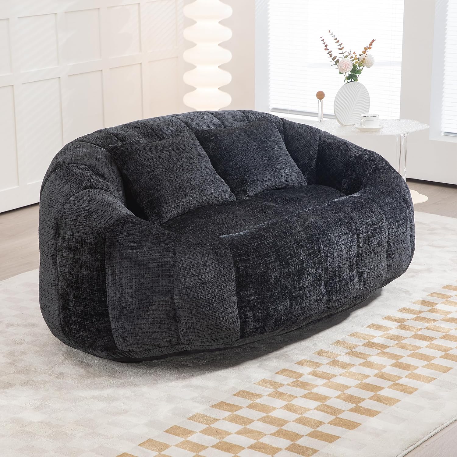QQU Giant Bean Bag Chairs for Adult and Kids with 2 Pillows, 2-Seat Bean Bag Sofa with Armrest and Back, Chenille Loveseat Filling high -Density Foam, Large Lazy Sofa for Living Room, Bedroom,Black