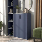 Homes: Inside + Out Apexa 3-Tier Stackable Wood Bookcase with Doors, Cube Storage Organizer Shelves, Small Food Pantry Cabinet, Dorm Teen Room Decor & Bedroom, Home Office, Kitchen, Steel Blue