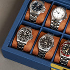 ROTHWELL 10 Slot Leather Watch Box - Luxury Case Display Jewelry Organizer - Locking Watch Display Case Holder with Large Glass Top - Box Organizer for Men and Women (Blue/Tan)