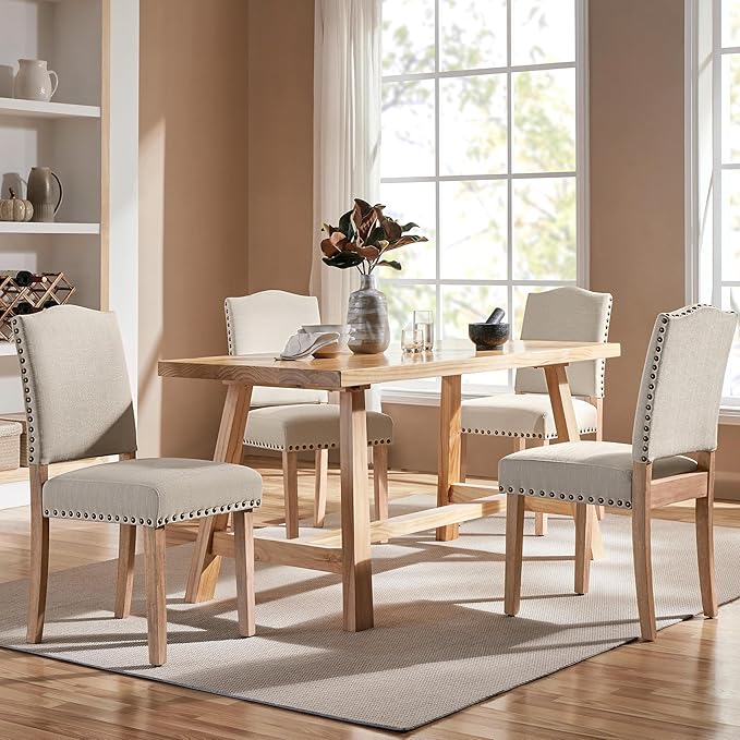 Yaheetech Dining Chairs Set of 4 Dining Room Chair Fabric Parsons Chairs with Nailhead Trim and Solid Wood Legs for Home, Kitchen, Dining Room, Beige