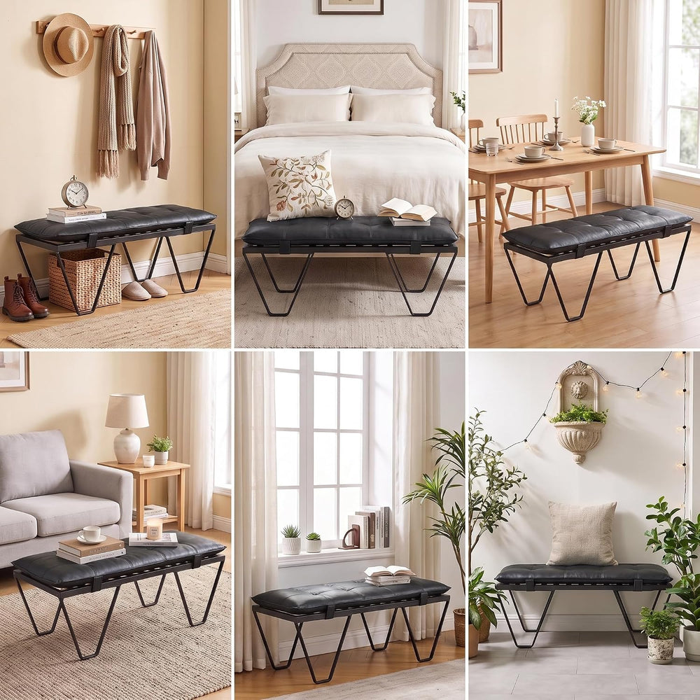 CIMOTA 49" PU Leather Entryway Bench, Upholstered End of Bed Bench, Blac...