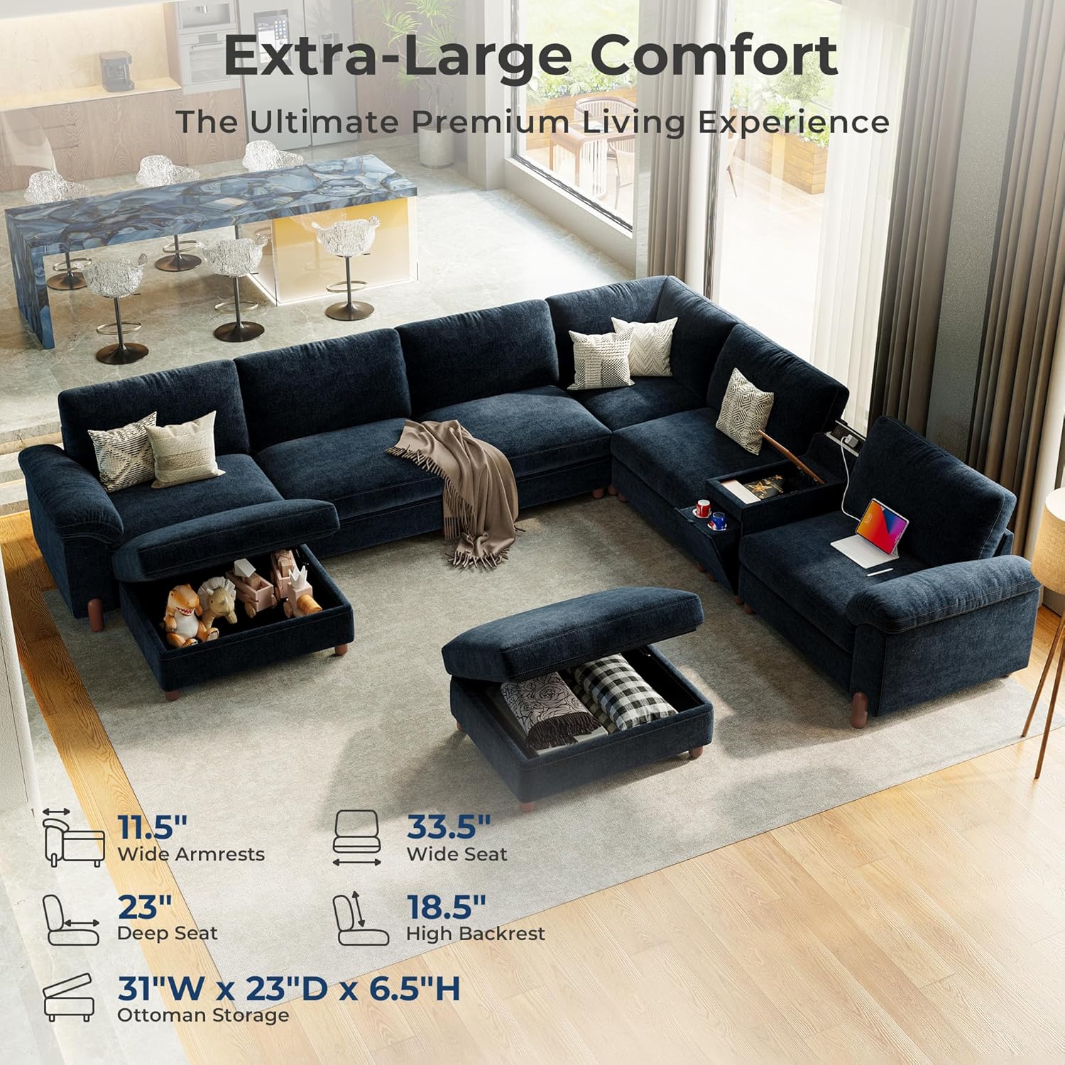 Cloud Couch Sectional, 6 Seater with Console, Chenille in Navy Blue | Detachable and Washable Cover, Sectional Sofas for Living Room, Deep Seat Wide Couch with Chaise, Storage Ottoman