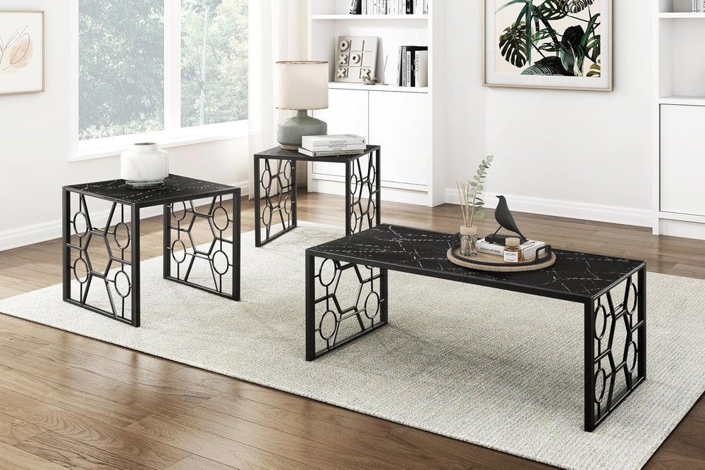 Polay 3pc Stylish Occasional Table Set Marble Print Tempered Glass Top | Feat...