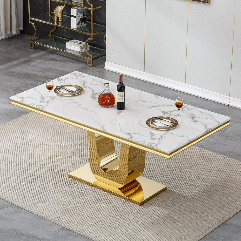 White Marble Dining Table for 6 Modern Luxury Faux Marble Kitchen Table for 6...