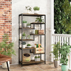 Solid Wood Industrial Tall Bookshelf - 7 Tier Staggered Bookshelves, 55’’H Rustic Brown Vintage Bookcase, Free Standing Open Bookshelf, Shelving Units Organizer for Bedroom Office Living Room.