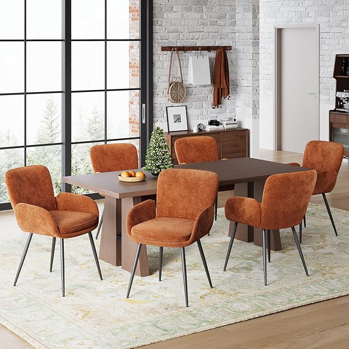 VKNOW Modern Dining Chairs Set of 4, Upholstered Dining Room Chair with Armrest, Kitchen Chairs with Curved Ergonomics Backrest for Living Room, Dining Room, Kitchen, Orange