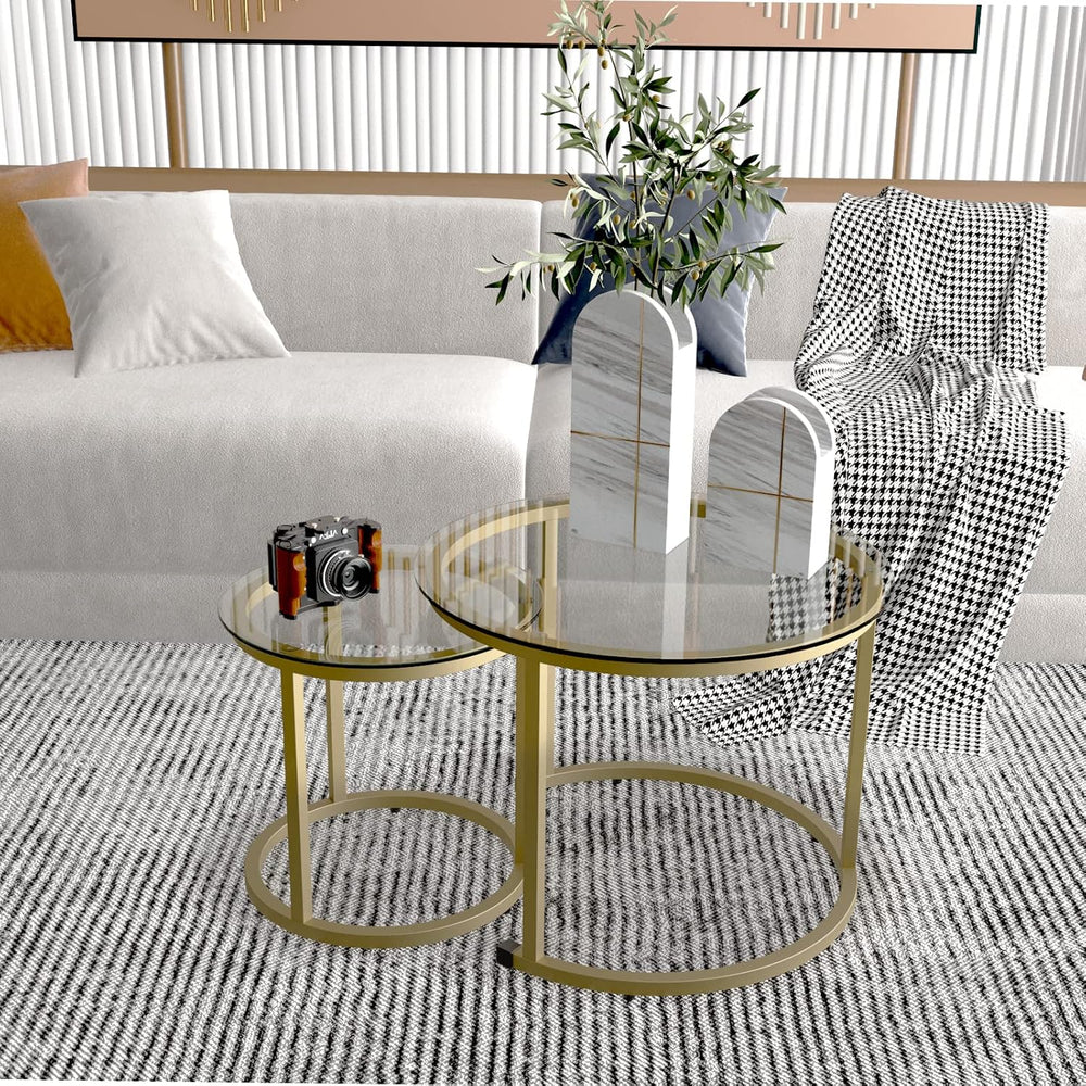 aboxoo Gold Nesting Coffee Table Set of 2, Small Glass Round Nesting Tables f...