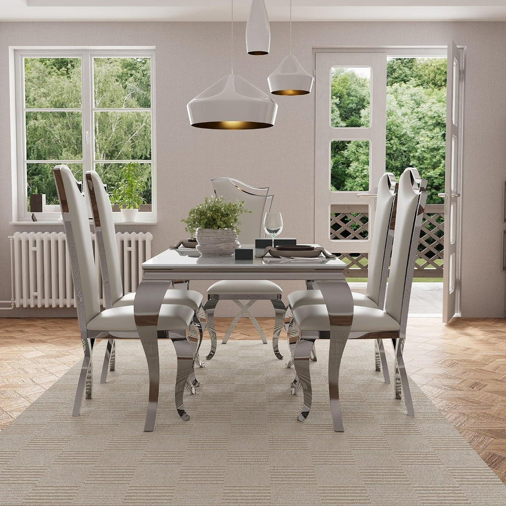 Asday Dining Chairs Set of 6, White Faux Leather and Silver Streamlined High ...