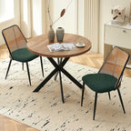 Rattan Chairs Green Set of 2, Woven Cane Dining Chairs Upholstered Boucle Stylish Cozy Kitchen Accent Chairs Armless