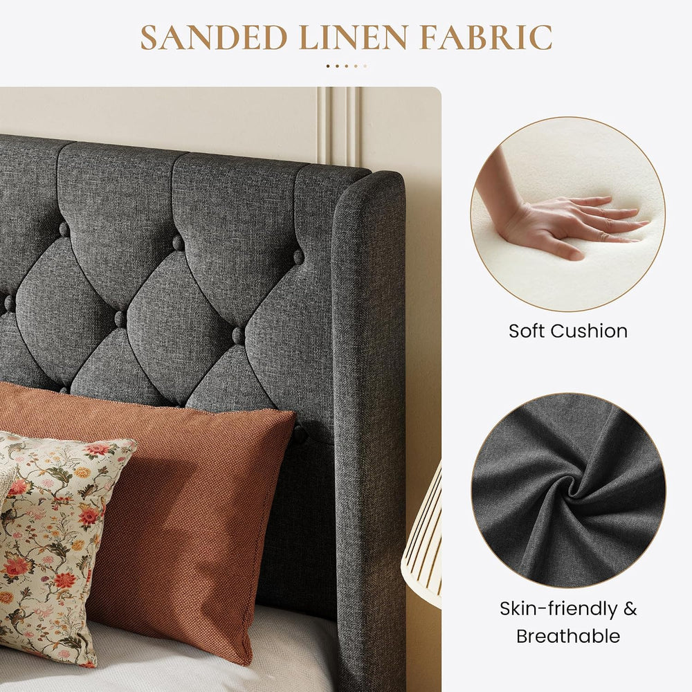 SHA CERLIN Queen Upholstered Bed Frame, Button Tufted Design, Dark Grey