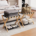 26.77" Full Assembled Luggage Rack for Guest Room, Set of 2 Bamboo Foldable Suitcase Stand, Bedroom & Hotel, Folding Luggage Holder with 5 Nylon Straps, 600D Oxford Fabric Shelf Natural Wood