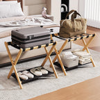 26.77" Full Assembled Luggage Rack for Guest Room, Set of 2 Bamboo Foldable Suitcase Stand, Bedroom & Hotel, Folding Luggage Holder with 5 Nylon Straps, 600D Oxford Fabric Shelf Natural Wood