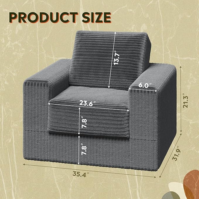 WLIVE Compact Bean Bag Chair, Single Foam Couch Chair, for Dorm Bedroom Kids Playroom, Teen Adult, Gray