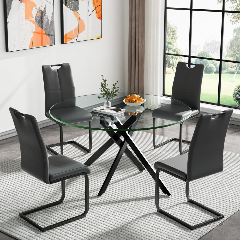 Henf 5 Piece Round Glass Dining Table Set, Modern 47 Inch Dining Room Table S...