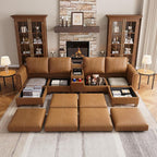 SITJOY 132" Faux Leather Modular Sectional Sofa with Storage, Mid Century Modern Sectional Couches for Living Room, 6 Seat U Shaped Couch with Ottoman and Console Table, Hidden Cupholders, Brown