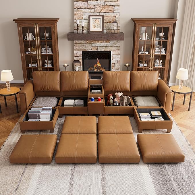 SITJOY 132" Faux Leather Modular Sectional Sofa with Storage, Mid Century Modern Sectional Couches for Living Room, 6 Seat U Shaped Couch with Chaise and Console Table, Hidden Cupholders, Brown