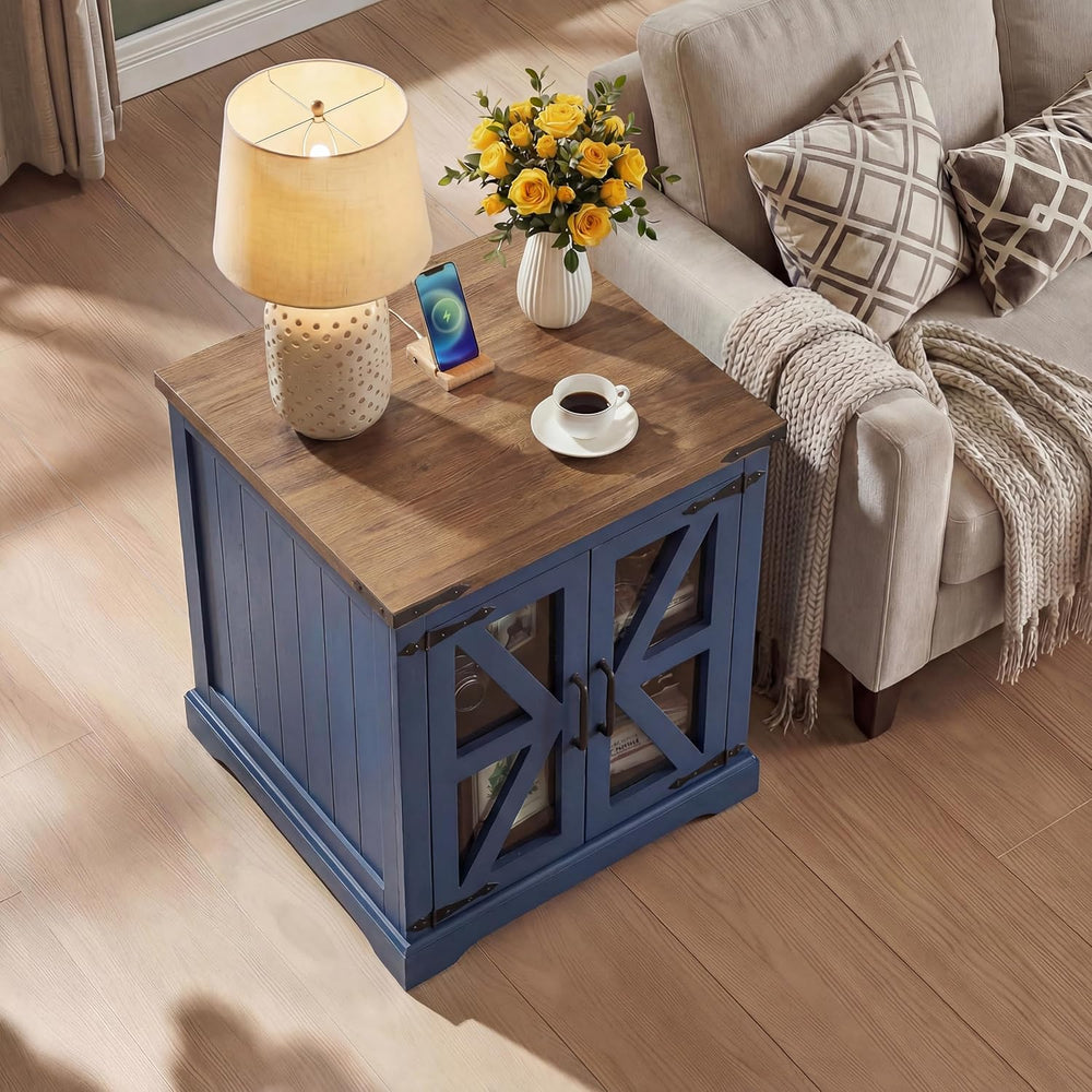 Farmhouse End Table, 24" Large End Tables with Storage, Rustic Square So...