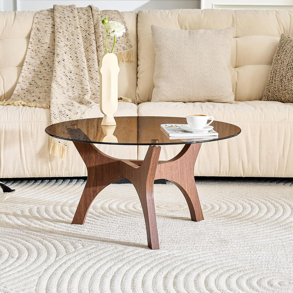 31.5" Glass Coffee Table, Mid-Century Modern Style, Walnut | Tempered gl...