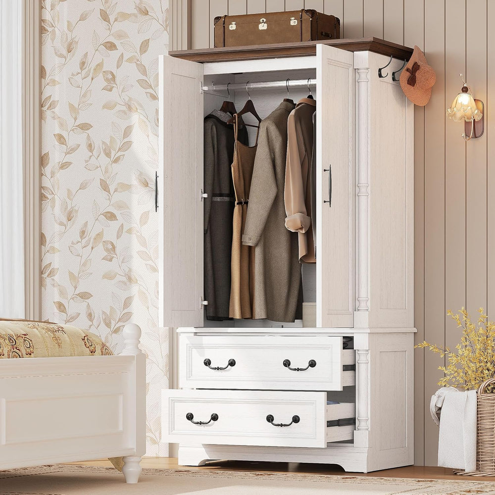 LIKIMIO Armoire Wardrobe Closet 70" with 2 Drawers for Bedroom, White | ...