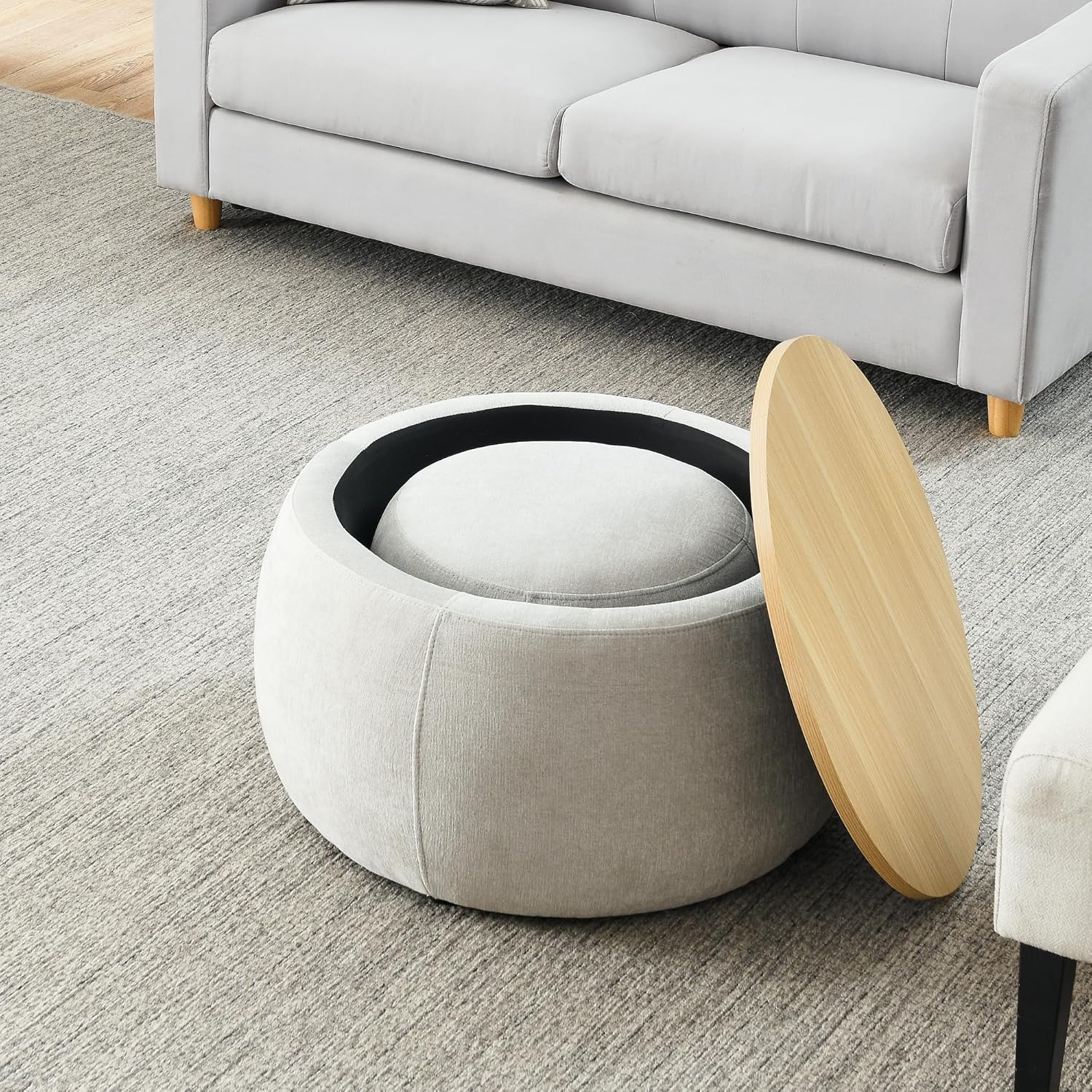 Ball & Cast Round Upholstered Storage-Ottoman Set with Wood Tray, Large Storage Coffee Table w/Footstool & Removable Lid, Dia 25" Padded Bench & End Side-Table for Living Bedroom, Light Grey