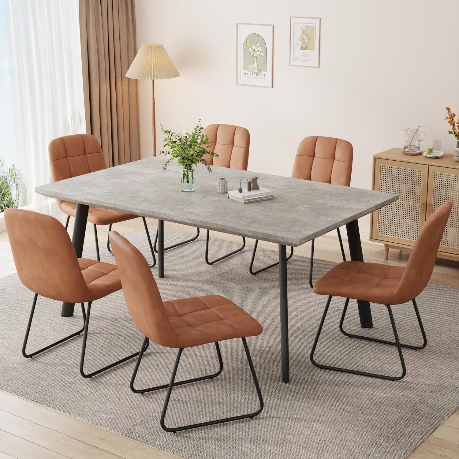 ZckyCine 59-Inch Modern Rectangular Dining Table Set with Wooden Table Top with Sturdy Metal Legs, 6 Leather Upholstered Dining Chairs for Easy Assembly, Suitable for Family Dining
