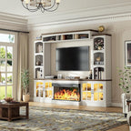 98" Farmhouse TV Stand with 36" Electric Fireplace, Bookshelves, Fits 75" TVs, Entertainment Center with Storage Cabinet, Large Wall Unit Media Console for Living Room, White