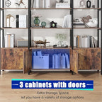 Triple Wide 5 Tier Tall Arched Bookshelf and Bookcase with 3 Cabinets, Industrial Metal Etagere Open Bookshelf, Rustic Wood Standing Book Shelf with Black Metal Frame for Bedroom Living Room