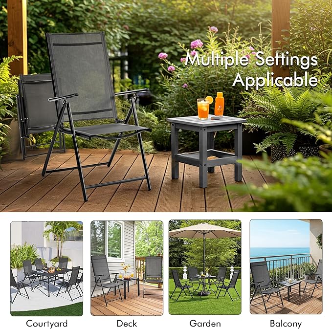 Yaheetech Patio Folding Dining Chairs Set of 4, Stackable Outdoor Lawn Chairs with 8 Adjustable Back Positions and Armrest for Garden, Lawn, Yard and Beach, Dark Gray