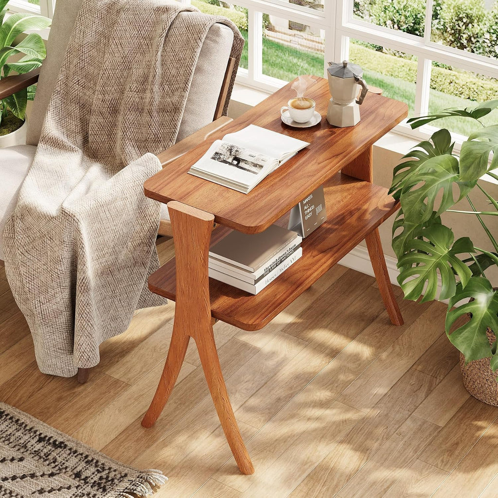 LITTLE TREE Narrow Side Table, 2-Tier Farmhouse End Table with Solid Wood Legs, Small Side Table, Space-Saver for Living Room, Bedroom, Entryway (Walnut)