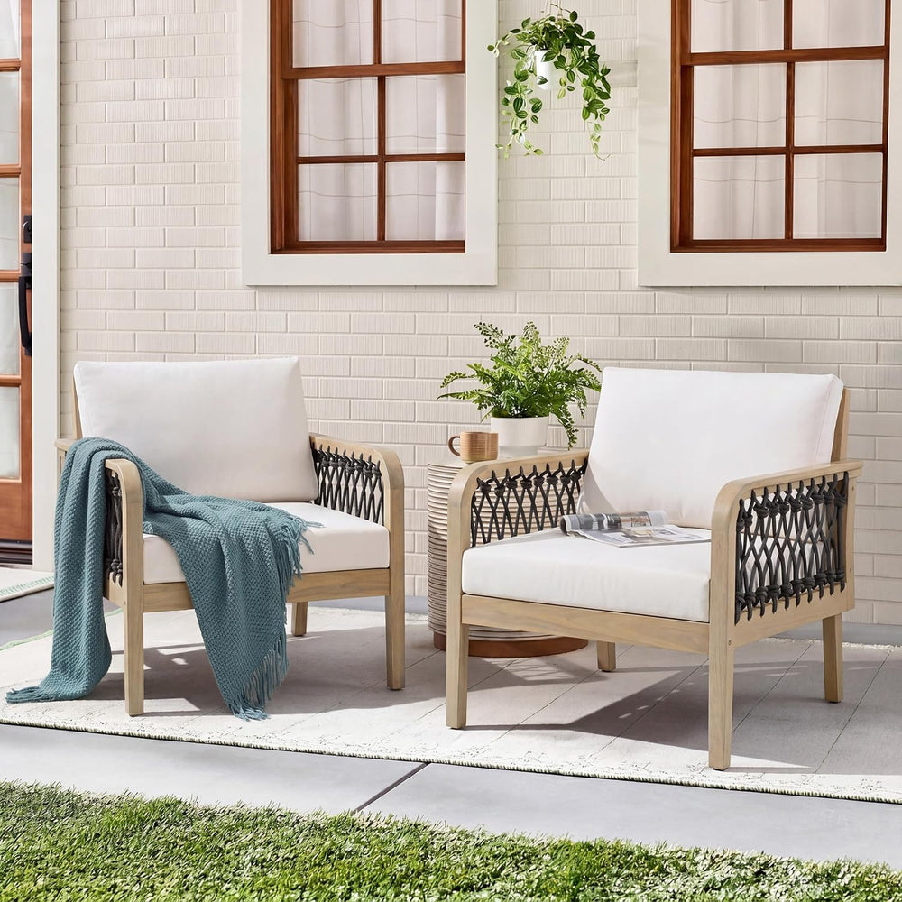 Outdoor Acacia Wood Club Chair with Handwoven Rope, Weather-Resistant, Set of...