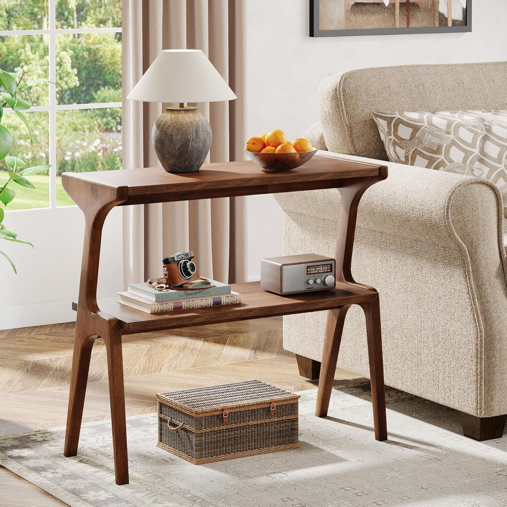 Tribesigns Solid Wood End Table, 2-Tier Farmhouse Side Table with Storage Shelves, Slim Side Table for Couch with Unique Legs, Long Bedside Table for Bedroom, Living Room, Rustic Brown