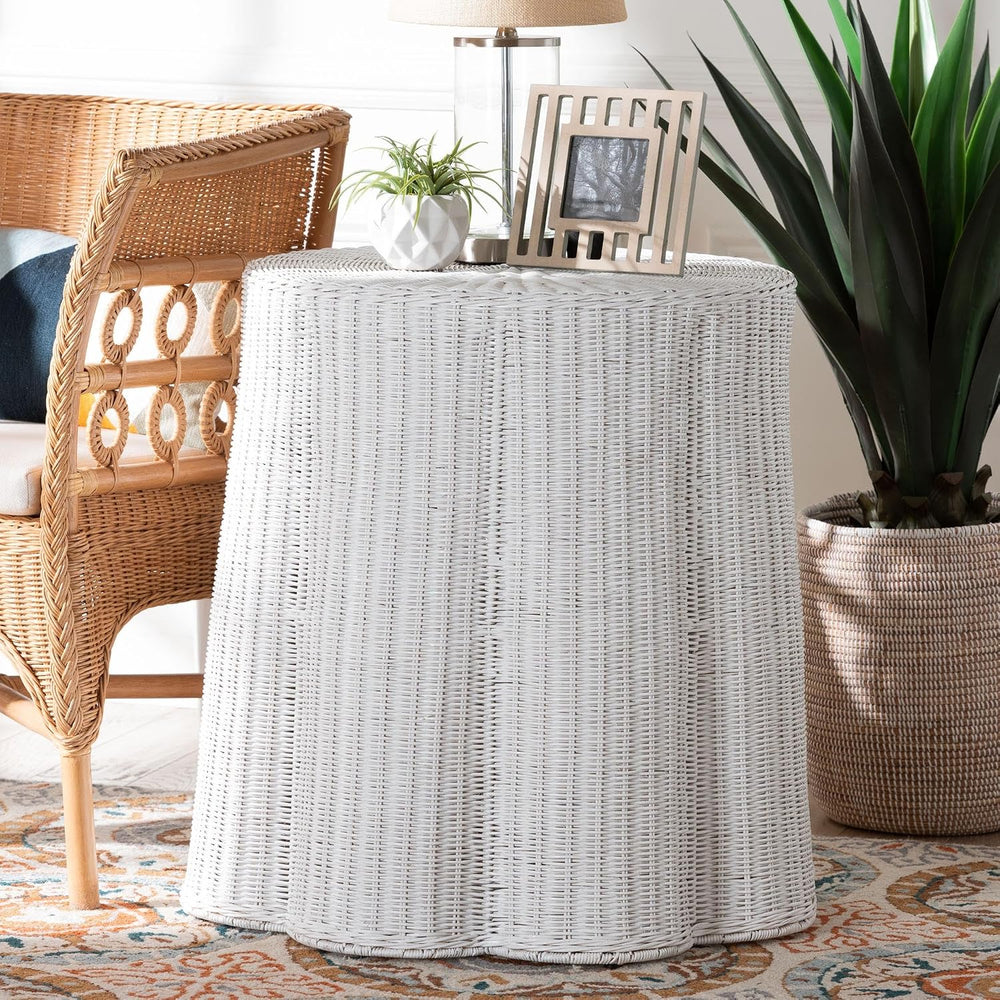 bali & pari Palm Bohemian White Scalloped Rattan End Table