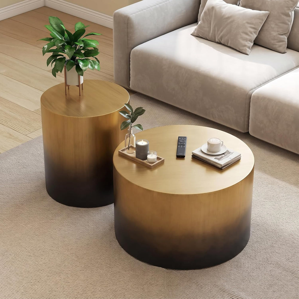 Merax 2-Piece Ombre Gradient Brass Black Iron Drum Table Set | Round Cylindri...