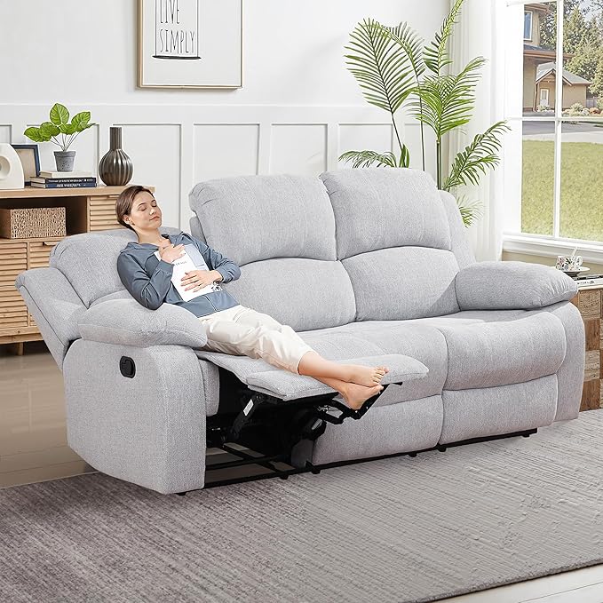 Recliner Sofa Set Couches for Living Room Chair Line Fabric Living Room Furniture Sets, Adjusted Loveseat Reclining Couch Furniture Sofa Set for Theater Seating, 3-Seater, Grey White