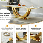 94.5" Large Marble Dining Table Set for 10, Luxury White Gold Kitchen Table with 10 Black Velvet Dining Chairs, Modern Fuax Marble 11-Piece Dining Room Table Set for 10 w/Stainless Steel U-Base