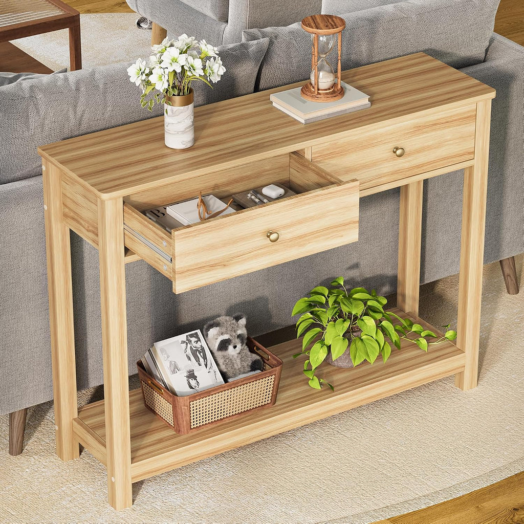 Gizoon 2 Drawer Console Table, Oak Color | 2-Tier Wood Entryway Table with Storage Shelves, 39" W Wood Accent Sofa Table for Front Hall, Hallway, Living Room