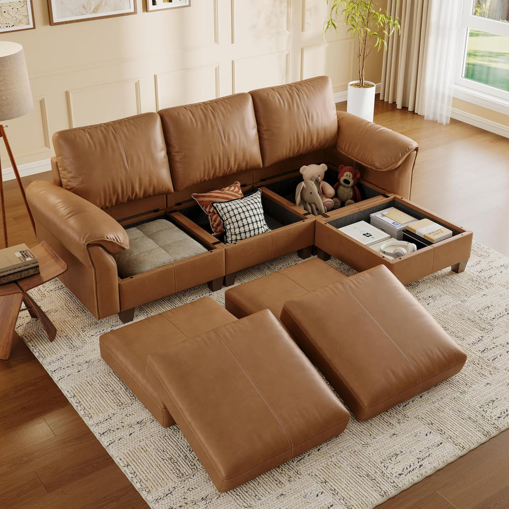SITJOY Faux Leather Modular Sectional Sofa with Storage, Mid Century Modern S...