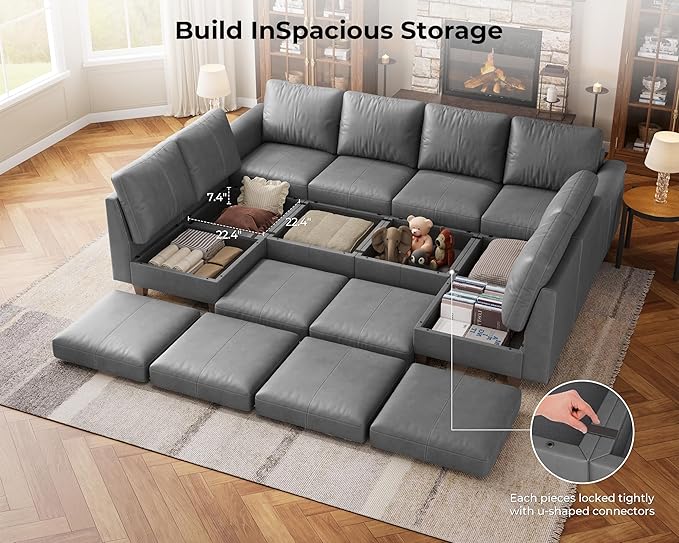 SITJOY 118" Faux Leather Modular Sectional Sofa with Storage, Mid Century Modern Sectional Couches for Living Room, Soft Padded Armrests, Oversized 10 Seat U Shaped Sofa Bed with Chaise, Gray