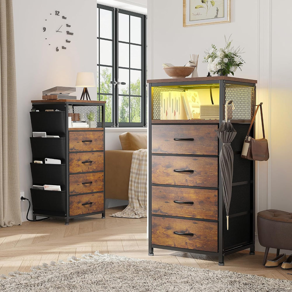 EnHomee LED Nightstand with Charging Station, Bedside Table with Fabric Drawe...