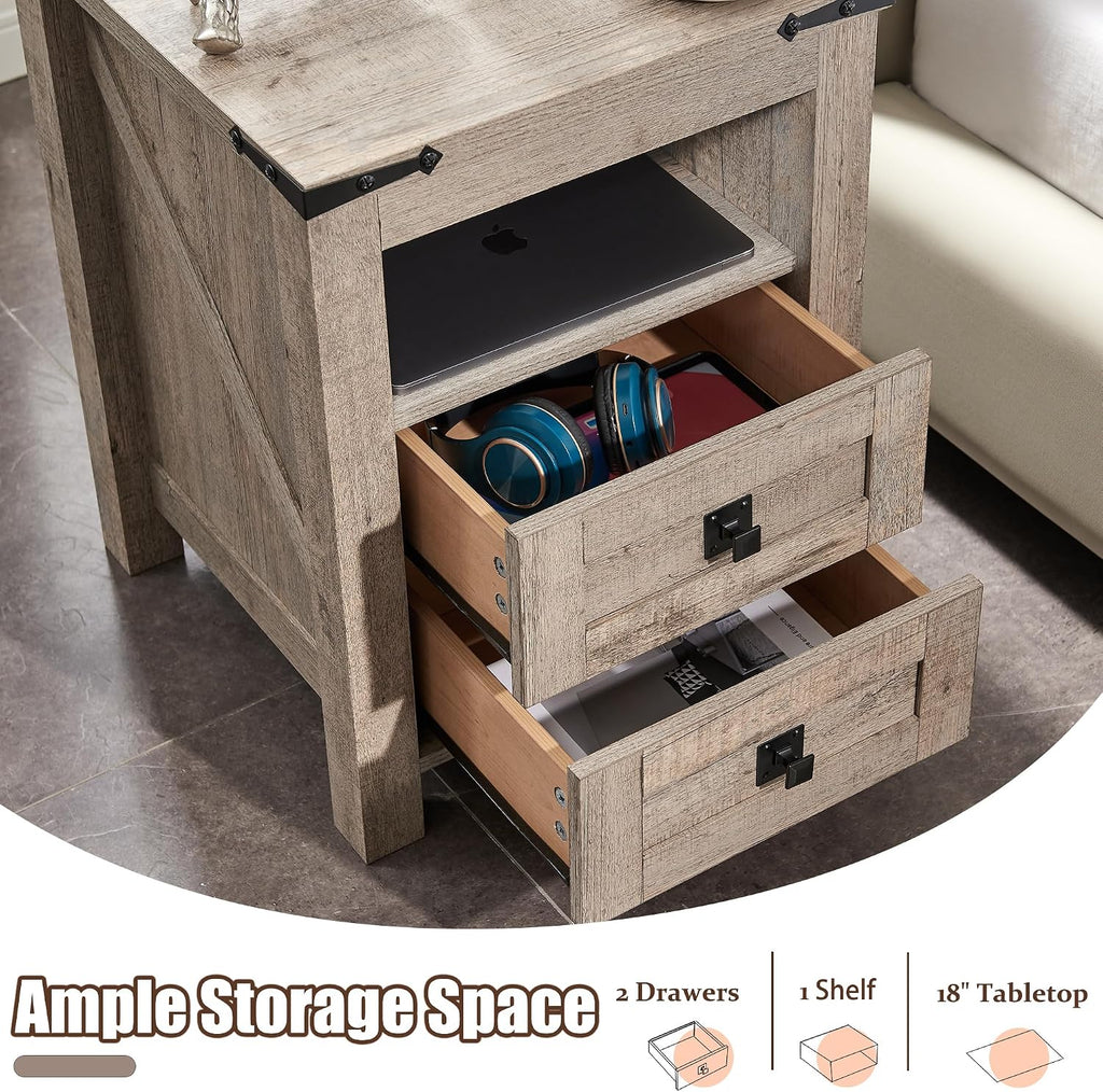 T4TREAM 18" Nightstand Set of 2 with Charging Station, Light Rustic Oak | Farmhouse, Rustic End Table, Open Shelf, 2 Drawers, Living Room, Side Table, Wood Bedside Table, Unique Corner Accent