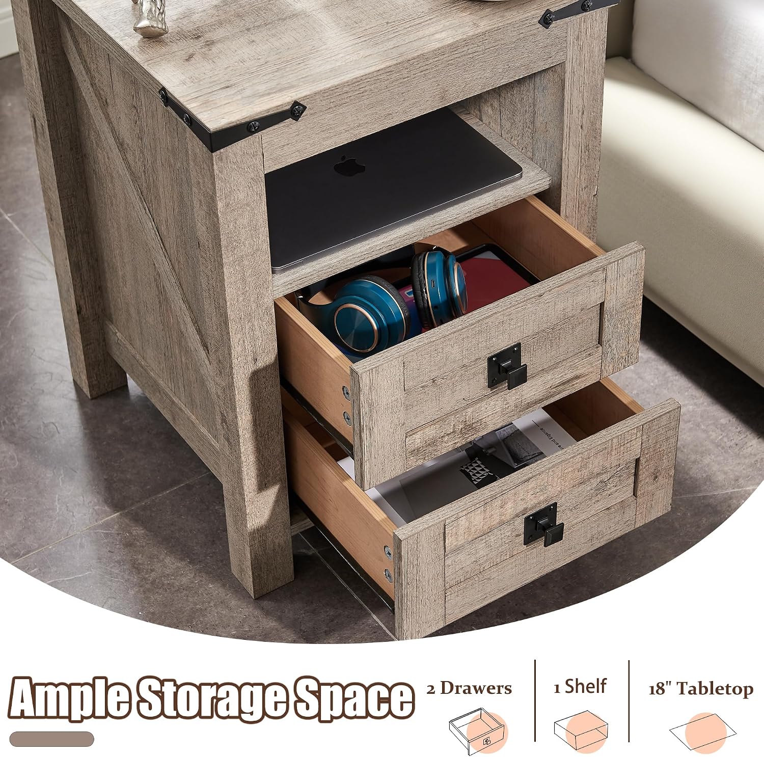T4TREAM 18" Nightstand Set of 2 with Charging Station, Light Rustic Oak | Farmhouse, Rustic End Table, Open Shelf, 2 Drawers, Living Room, Side Table, Wood Bedside Table, Unique Corner Accent