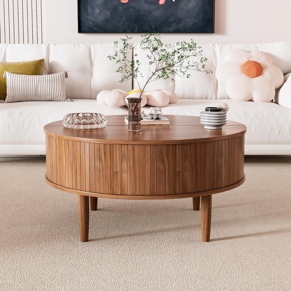 Round Fluted Lift Top Coffee Table with Storage, Mid Century Modern Coffee Ta...