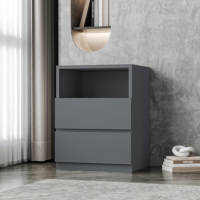 Grey Modern Entertainment Center Set - Freestanding Storage Drawers Cabinet Floor Nightstands with 2 Drawers for Living Room and Bedroom (C-19'' Nightstand)