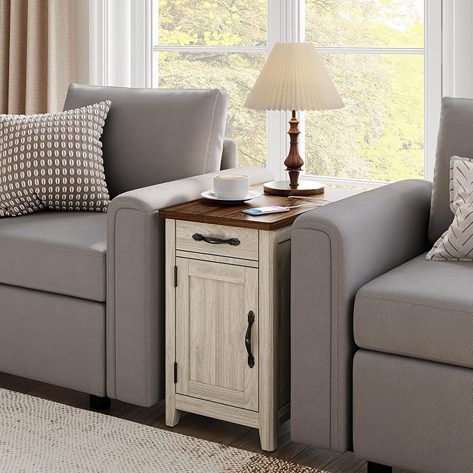 LINSY HOME Farmhouse End Table with Charging Station, Narrow Side Table for L...