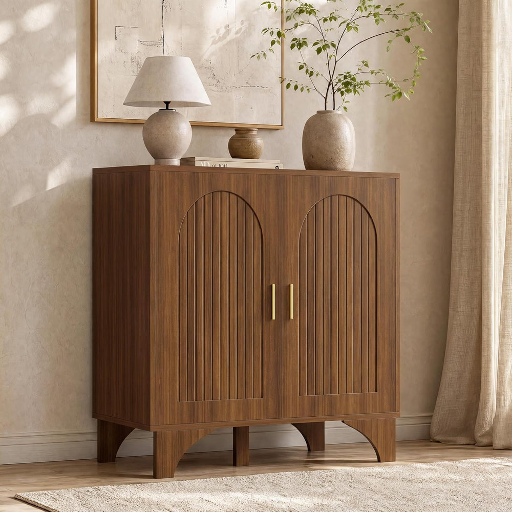 Mid Century Modern Buffet Cabinet Arched Doors Walnut Storage Sideboard