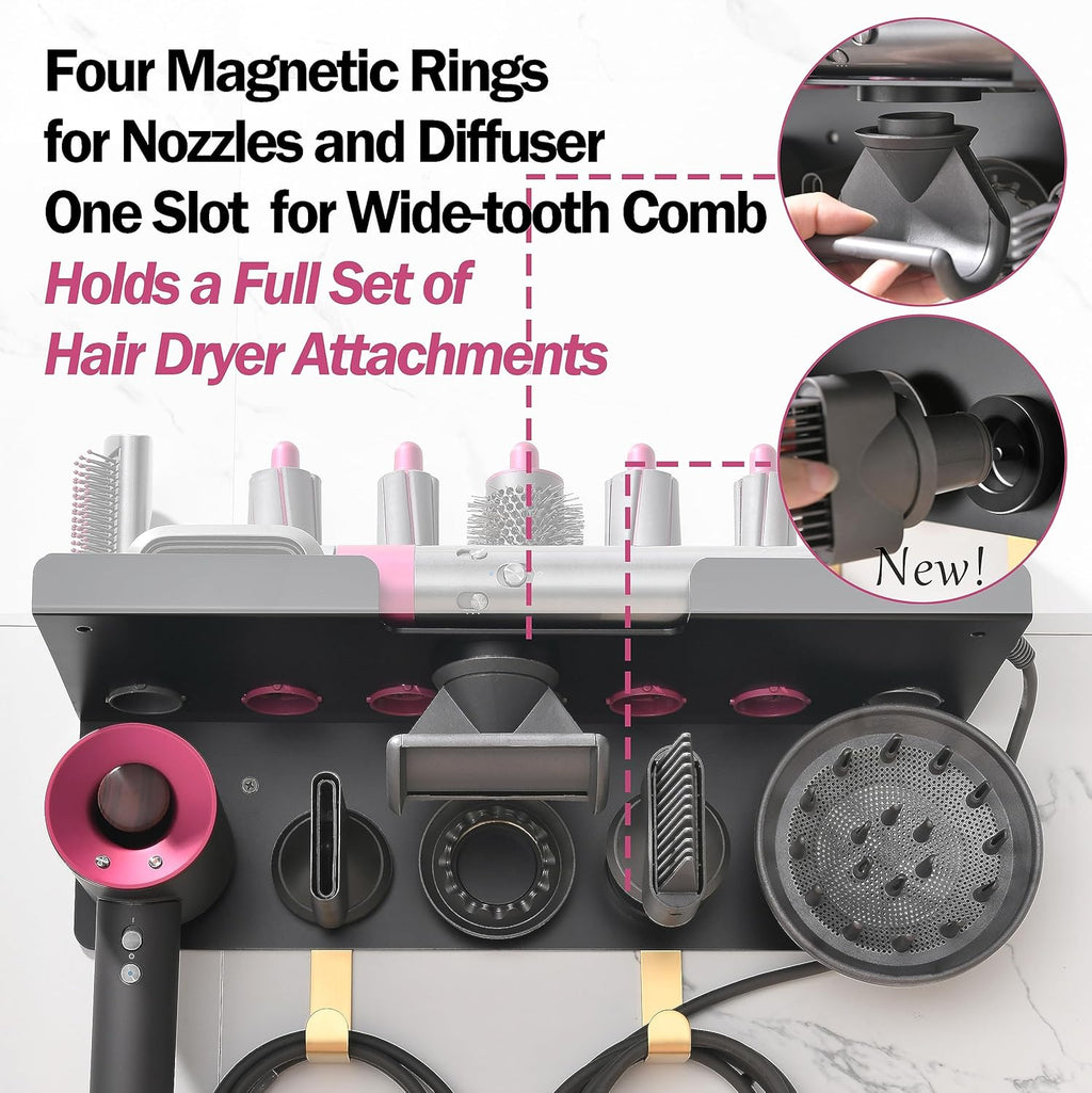 Wall Mount Holder for Dyson Styler Supersonic Hair Dryer, Nail-Free or Perforat Install, Organizer for Storage Attachments, Rack with Hooks for Accessories Nozzles Barrels Brushes