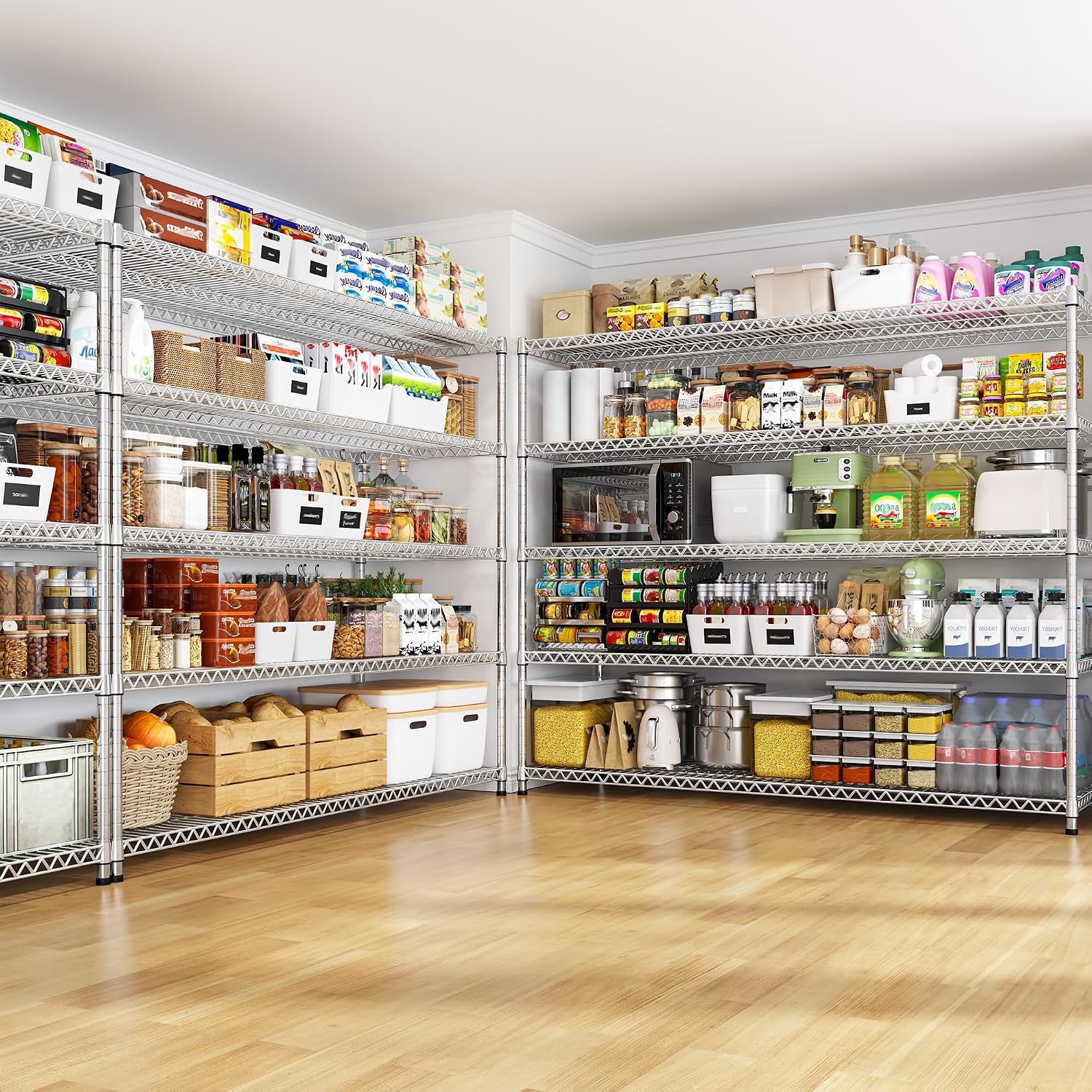 REIBII 55.5" W Storage Shelves 3200LBS Metal Shelving 5 Tier Wire Shelving Garage Shelving Heavy Duty Metal Shelves for Shelving Unit Commercial Adjustable Shelf, 55.5" W X 18''D X 71" H，Chrome