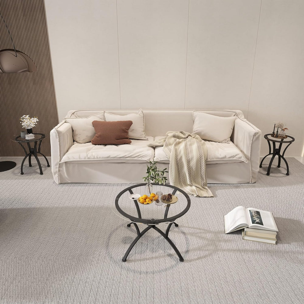 3 Tempered Glass Coffee Table Set, Decor Coffee Table Round End Side Table wi...