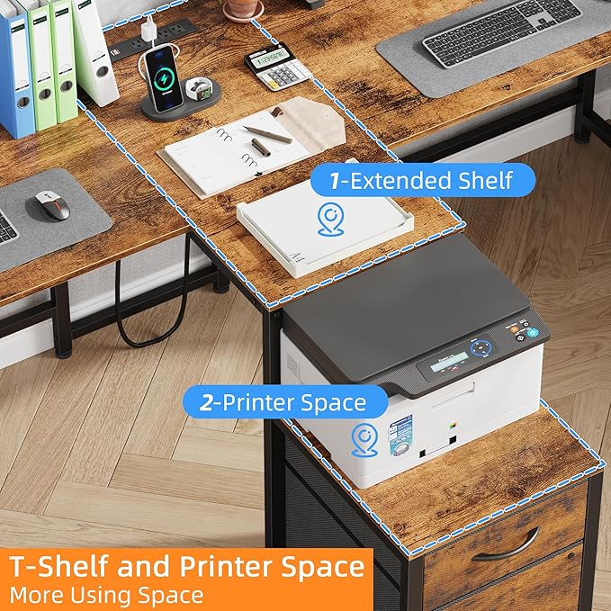 T-Shaped 2 Person Desk with Power Outlet, Long Two Person Gaming Table with LED & Fabric Drawers, 81.2'' Computer Desks with File Cabinet, Double Workstation for Home Office, Rustic Brown